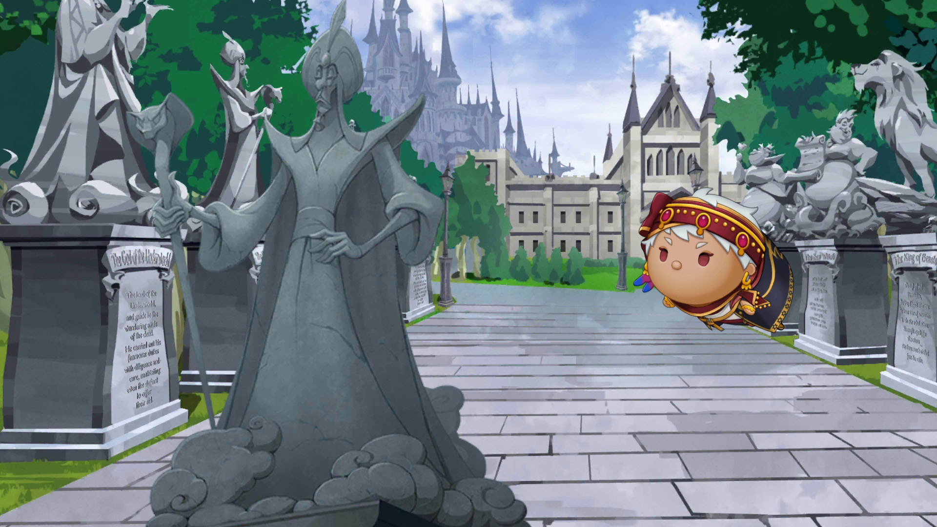 Tsum looks at Sorcerer of the Sands statue